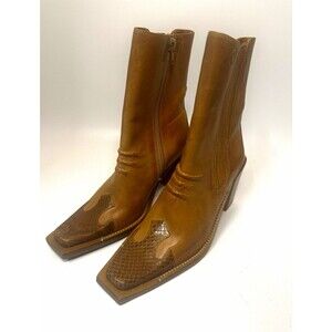 Y2K BRONX Leather Western Boots Snake Square Toe Brown EU 36 US 6 Brazil